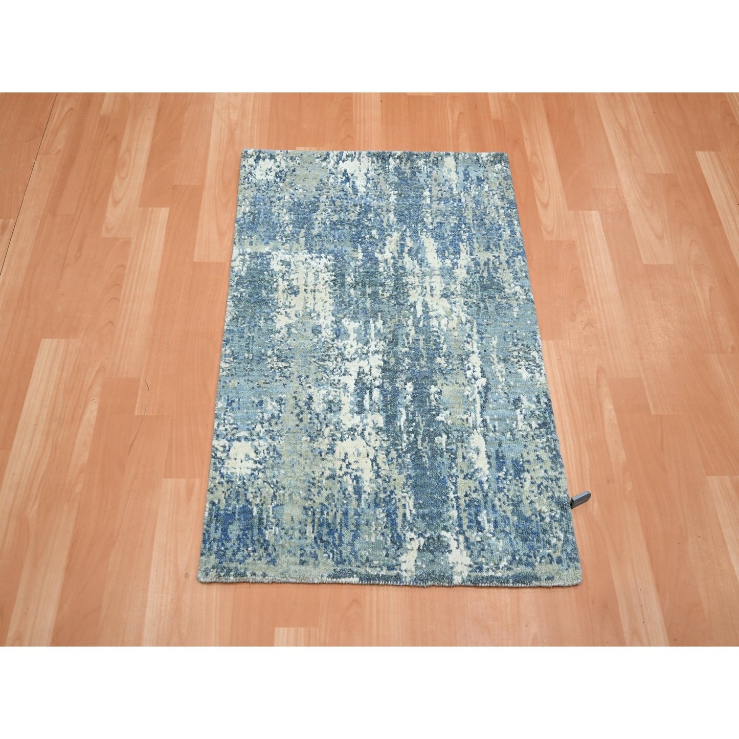 2'1"X3' Blue Abstract Design Pure Silk And Wool Hand Knotted Mat Rug