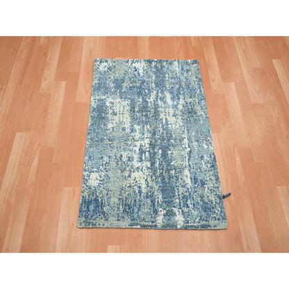 2'1"X3' Blue Abstract Design Pure Silk And Wool Hand Knotted Mat Rug
