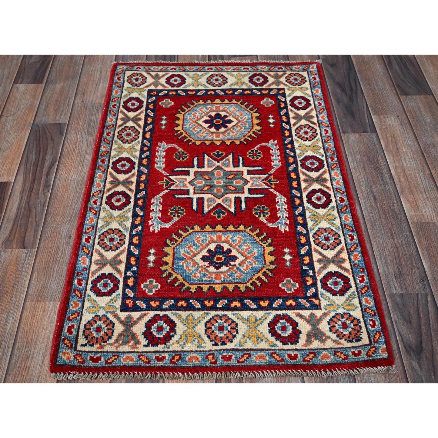 2'1"X3'1" Red Kazak With Tribal Medallions Design Wool Hand Knotted Mat Rug