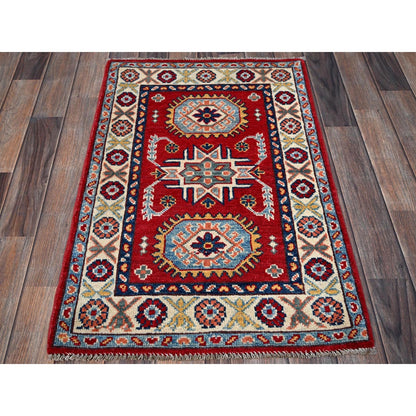 2'1"X3'1" Red Kazak With Tribal Medallions Design Wool Hand Knotted Mat Rug