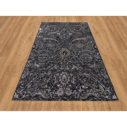 6'X8'10" Obsidian Black Wool And Silk Hand Knotted Sickle Leaf Design Rug