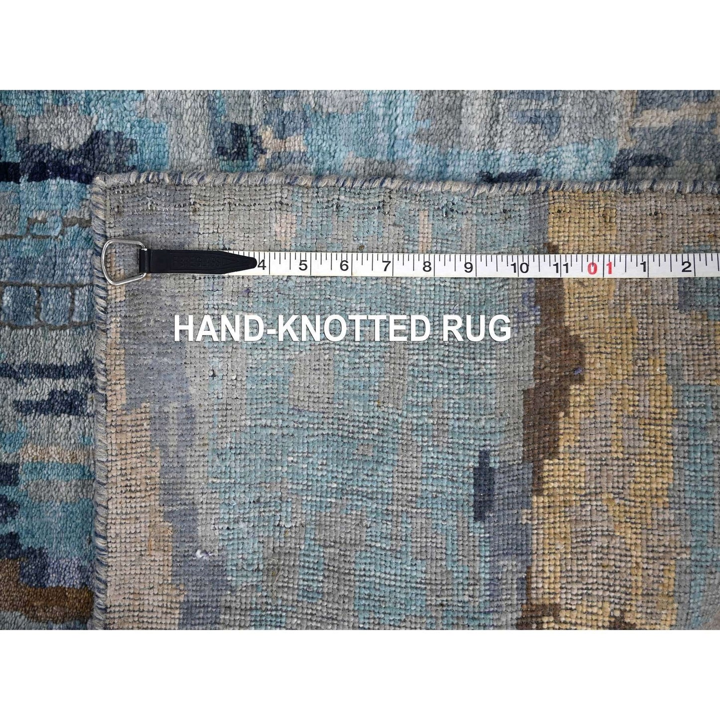 2'6"X17'9" Blue Mosaic Design Wool And Silk Hand Knotted Xl Runner Rug