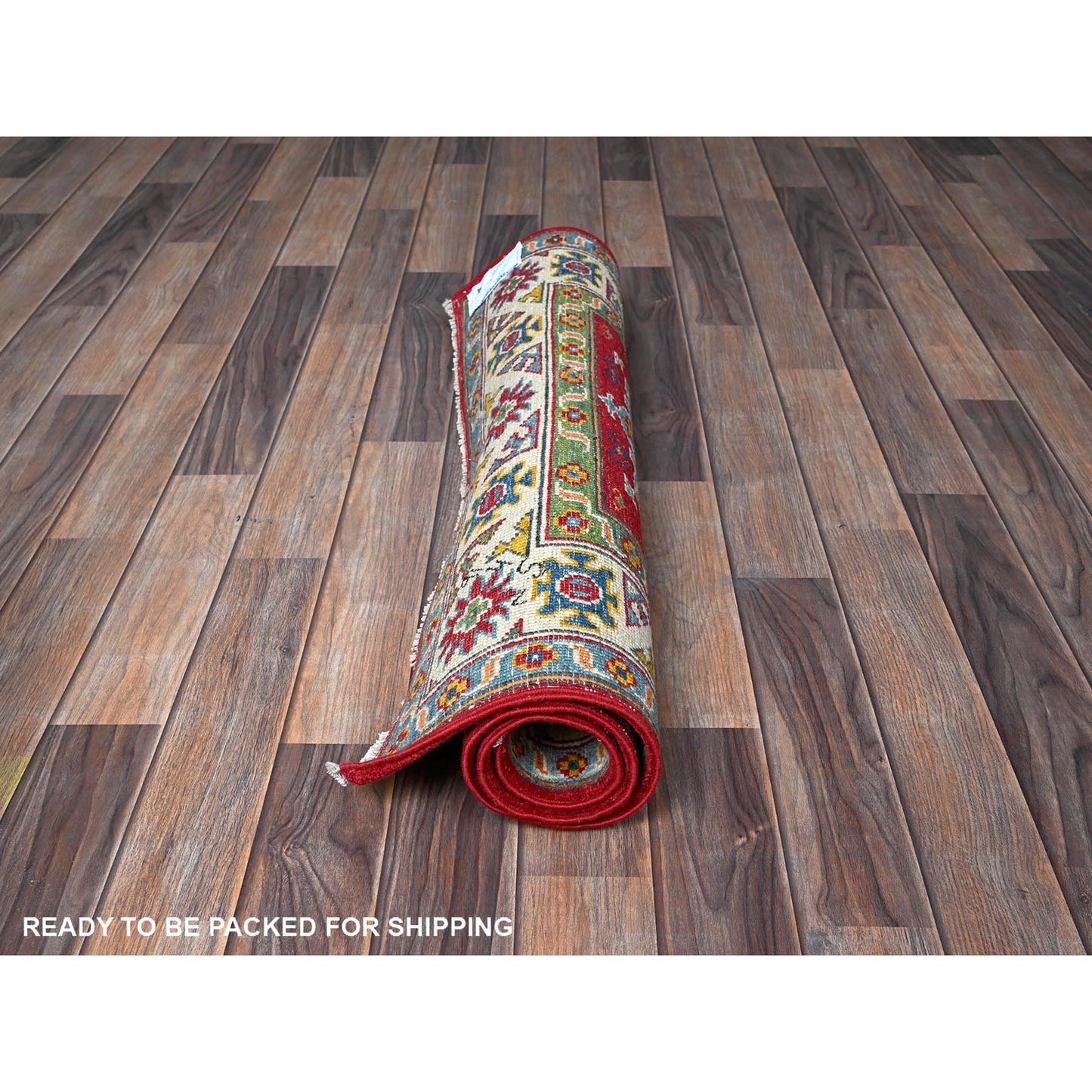 3'X4' Red Kazak Geometric Medallions Design Hand Knotted Soft Wool Rug