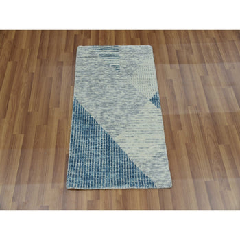 2'X3' Blue Wool Hand Knotted Geometric Art Deco Collection Mat Rug
