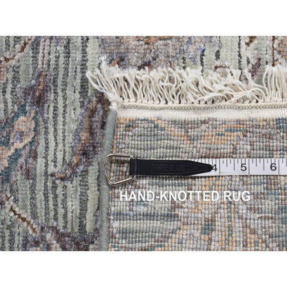 Rug 2'x3' Green Silk with Wool Mughal Design Hand Knotted Mat