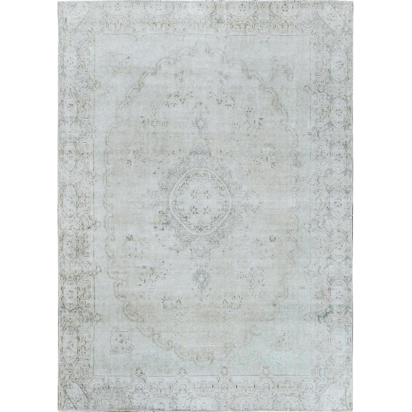 8'8"X12' Hand Knotted Ivory Vintage Farsian Karman Worn Wool Rug