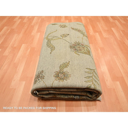 8'X10' Ecru Brown Wool & Silk Botanical Design Hand Knotted Oriental Rug