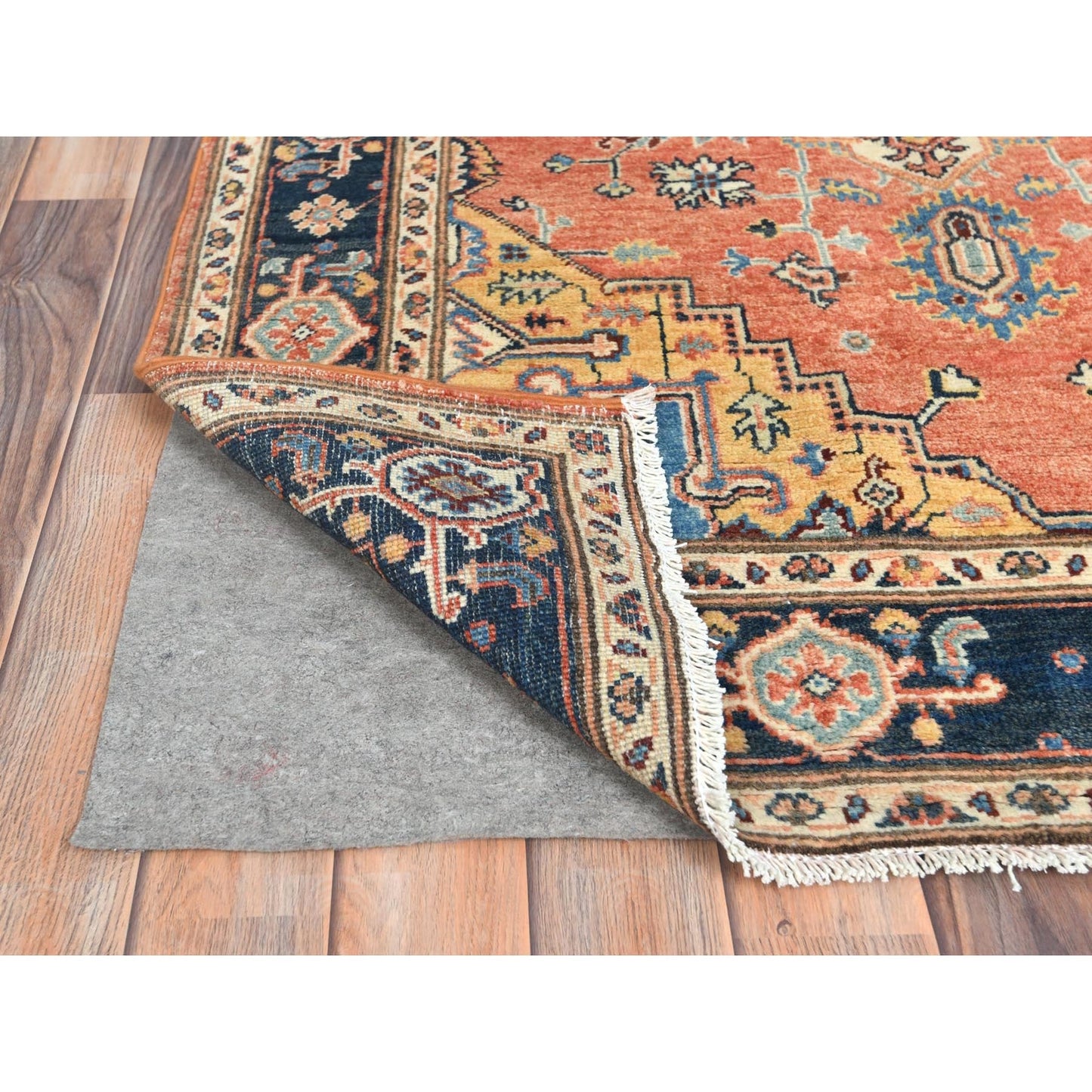 4'X5'10" Orange Hand Knotted Wool Afghan Peshawar With Heris Design Rug
