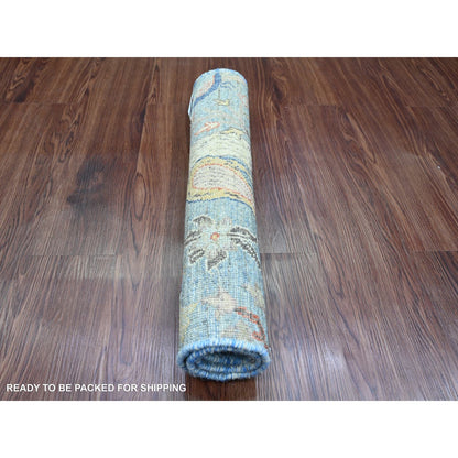 2'1"X3' Maya Blue Afghan Peshawar Birds Design Hand Knotted Wool Mat Rug