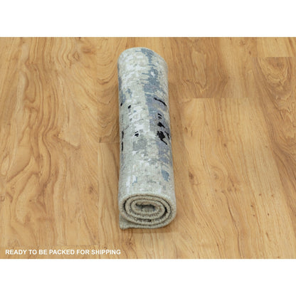 2'X2'10" Abstract Design Hilow Pile Silver-Blue Handknotted Wool-Silk Rug