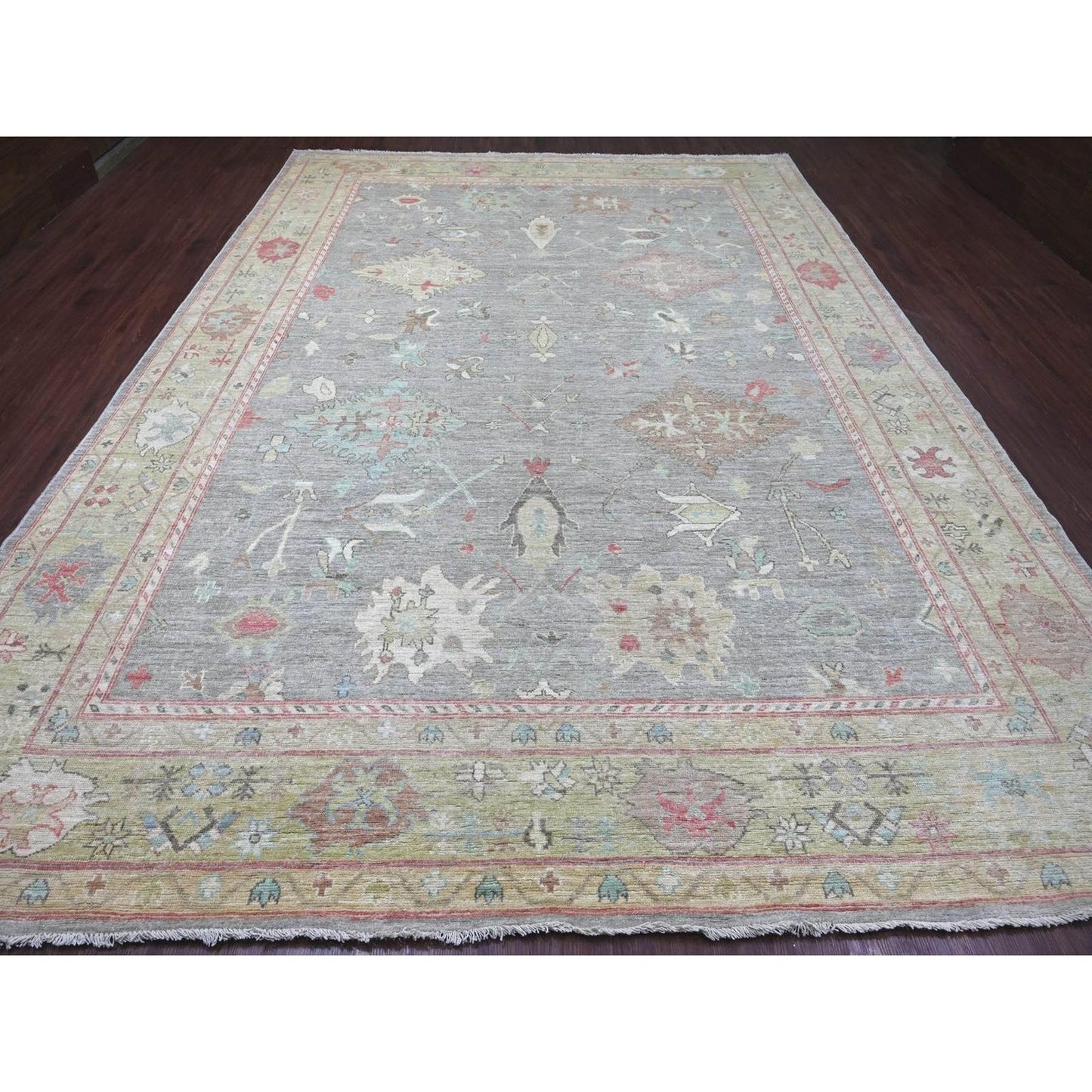 Rug Gray Afghan Angora Oushak Pure Wool Hand Knotted 10'x13'7