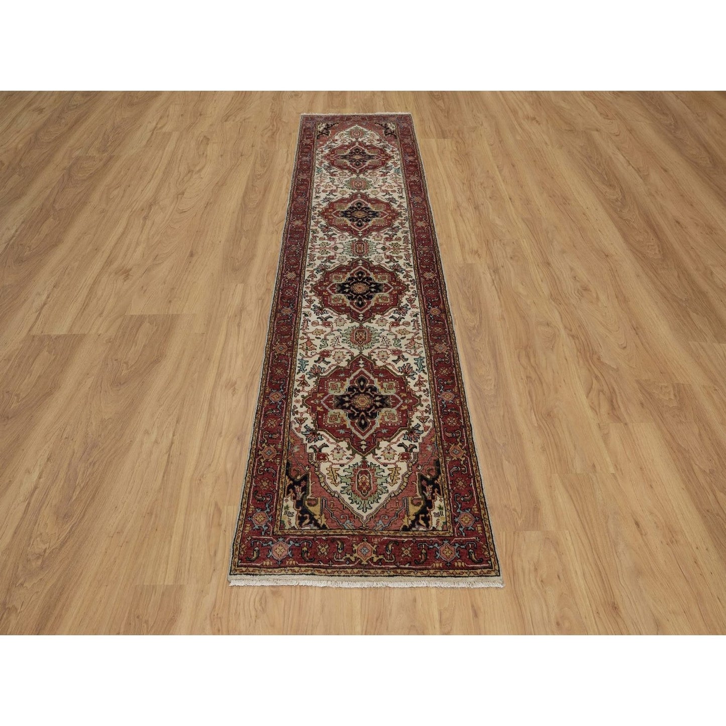 2'5"X10'1" Ivory Wool Rug Antiqued Heris Recreation Hand Knotted Runner