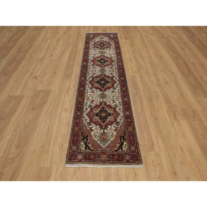 2'5"X10'1" Ivory Wool Rug Antiqued Heris Recreation Hand Knotted Runner