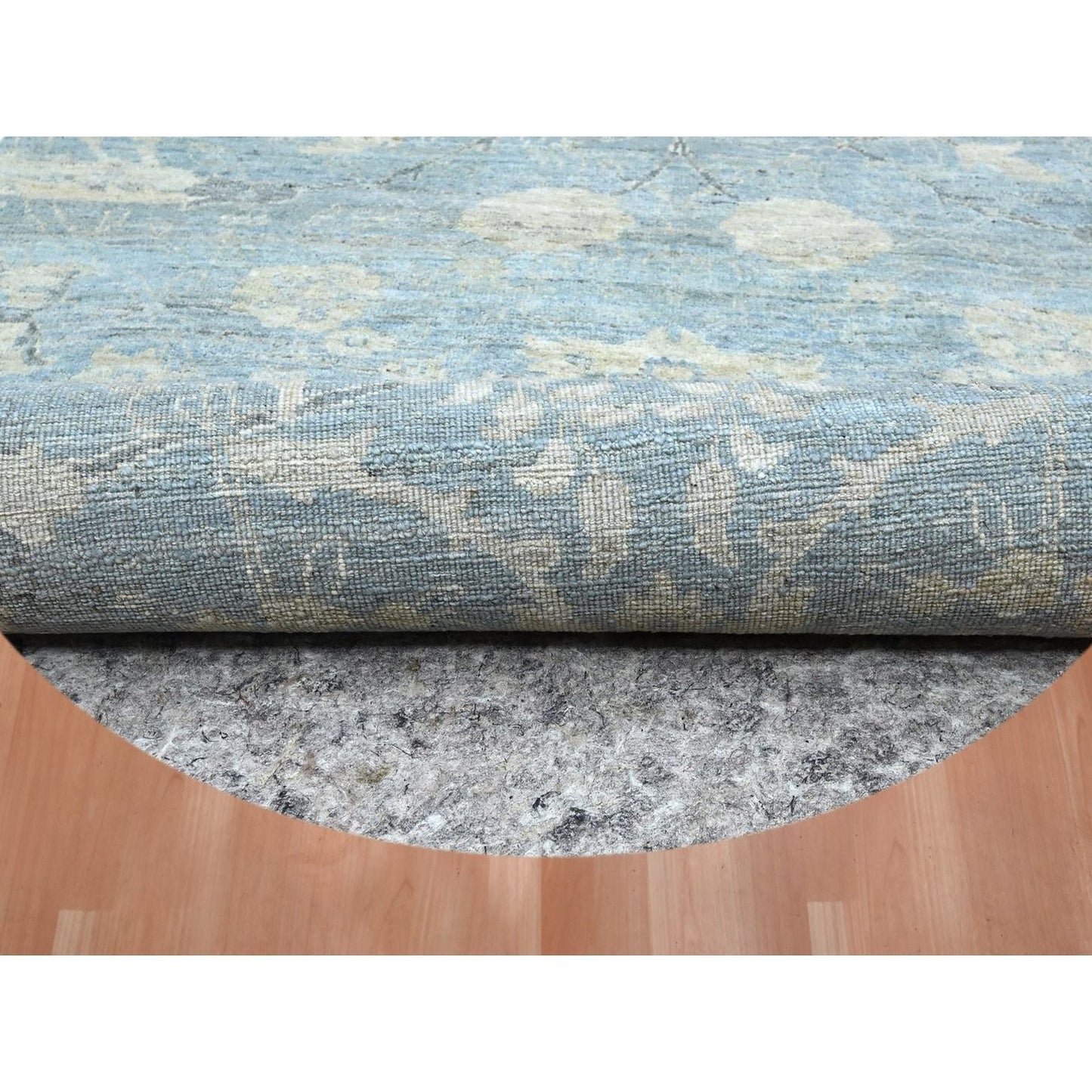 Blue Sickle Leaf Design Hand Knotted Wool Round Rug