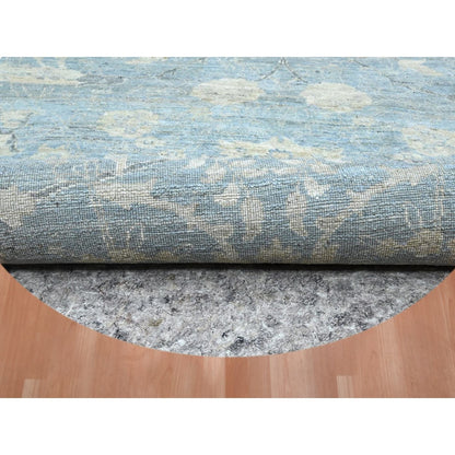 Blue Sickle Leaf Design Hand Knotted Wool Round Rug