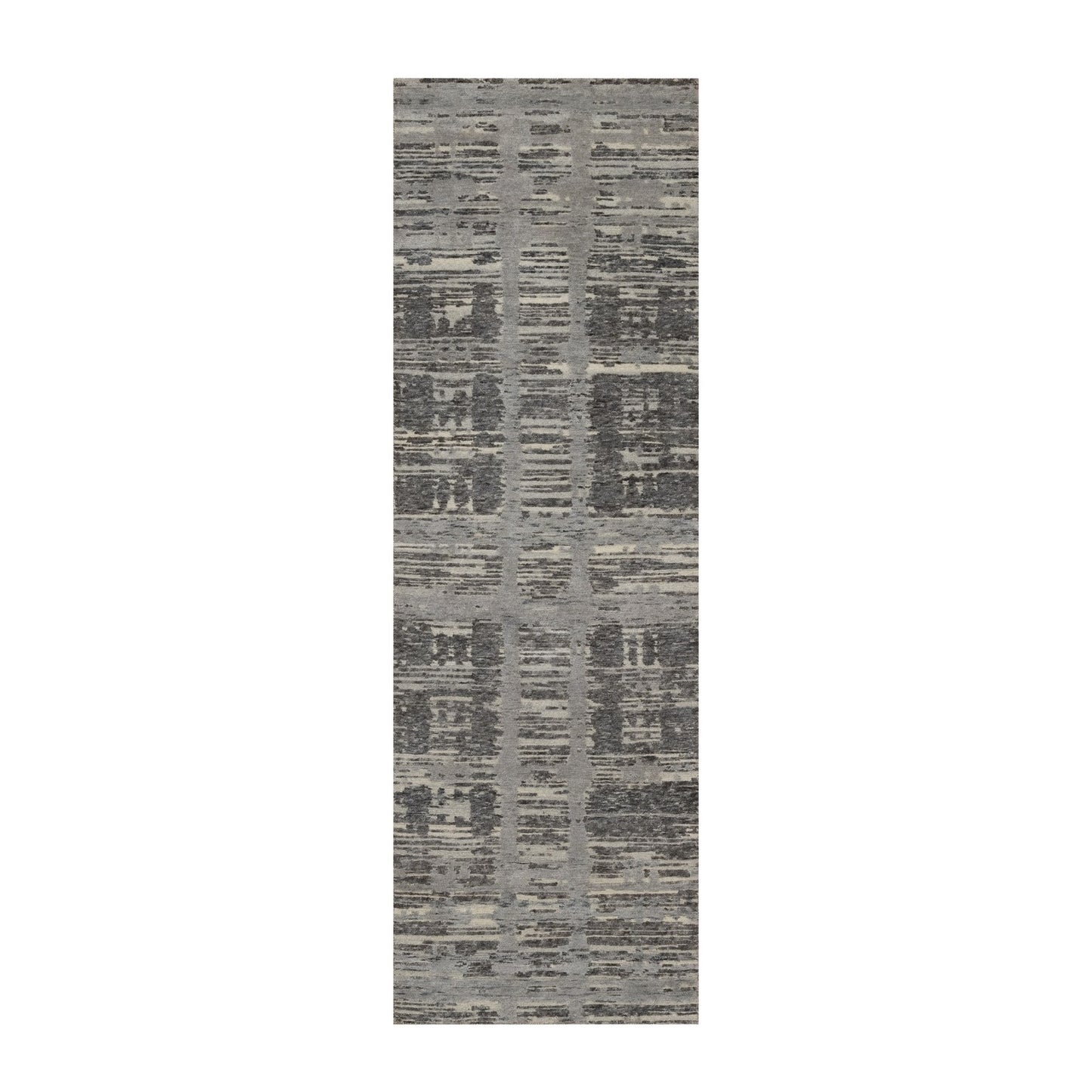 2'6"X8' Gray Hand Knotted Runner Rug Modern Criss Cross Erased Design Wool
