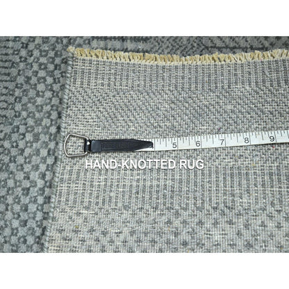 2'X3' Misty Gray Modern Grass Design Hand Knotted Wool With Silk Mat Rug
