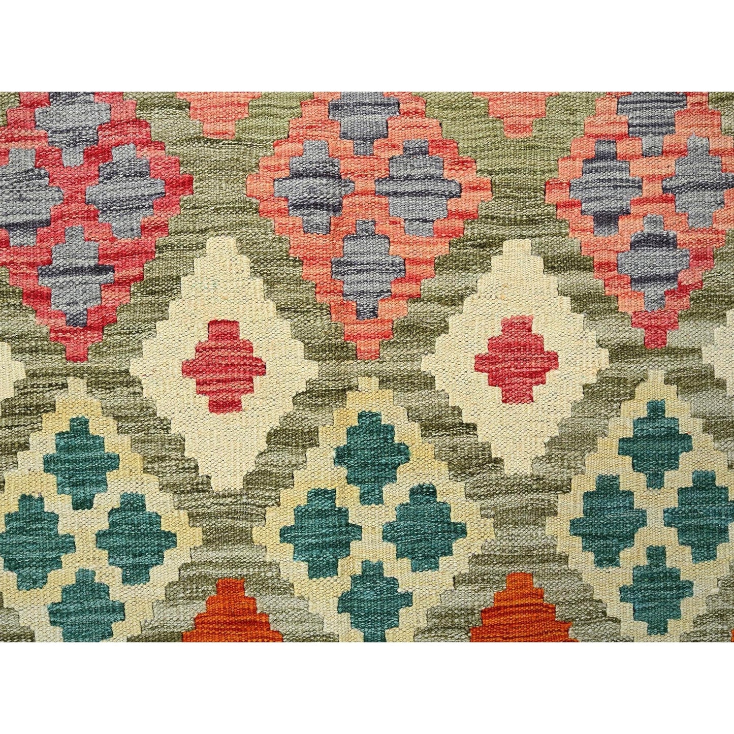 3'6"X4'10" Green Flat Weave Afghan Kilim Pure Wool Hand Woven Oriental Rug