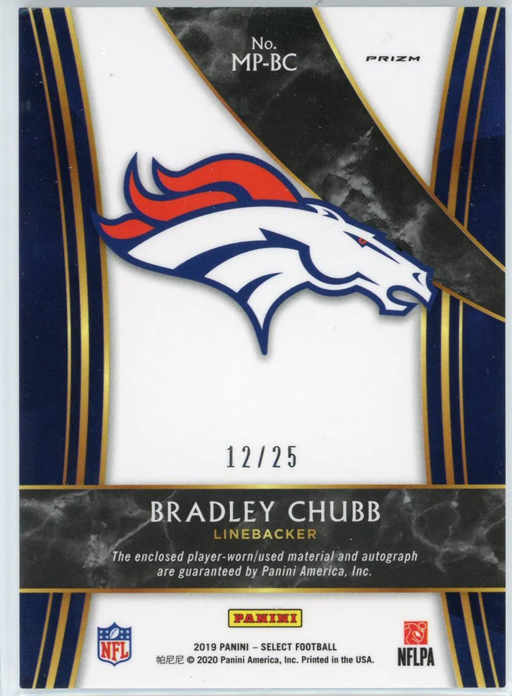 Bradley Chubb Autographed 2019 Panini Select Prizm Rookie Jersey Card