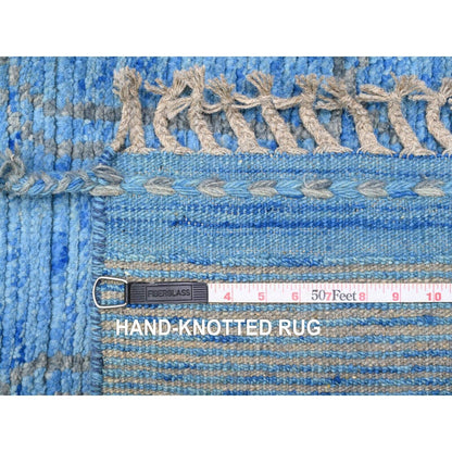 2'5"X10'3" Blue Hand Knotted Geometric Moroccan Weave All Wool Runner Rug