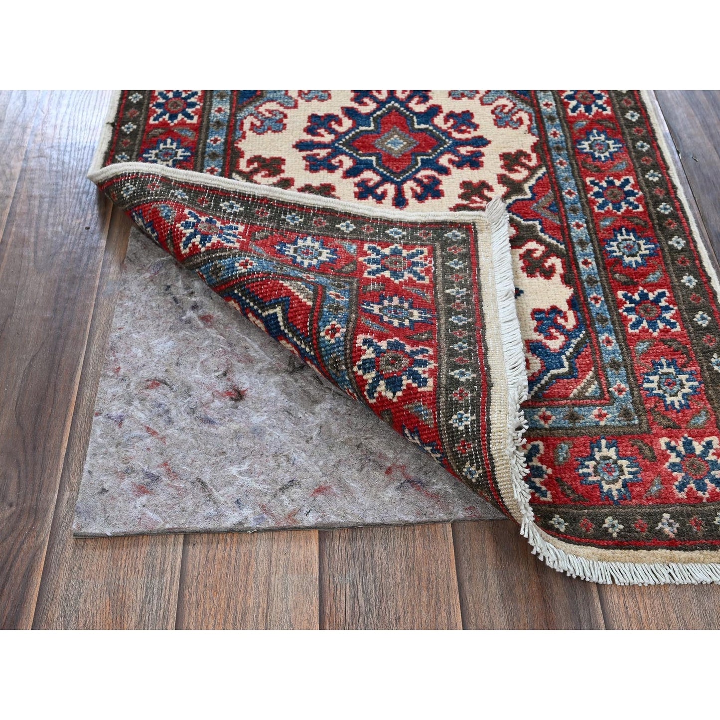 1'10"X6' Ivory Kazak With Tribal Design Hand Knotted Soft Wool Runner Rug