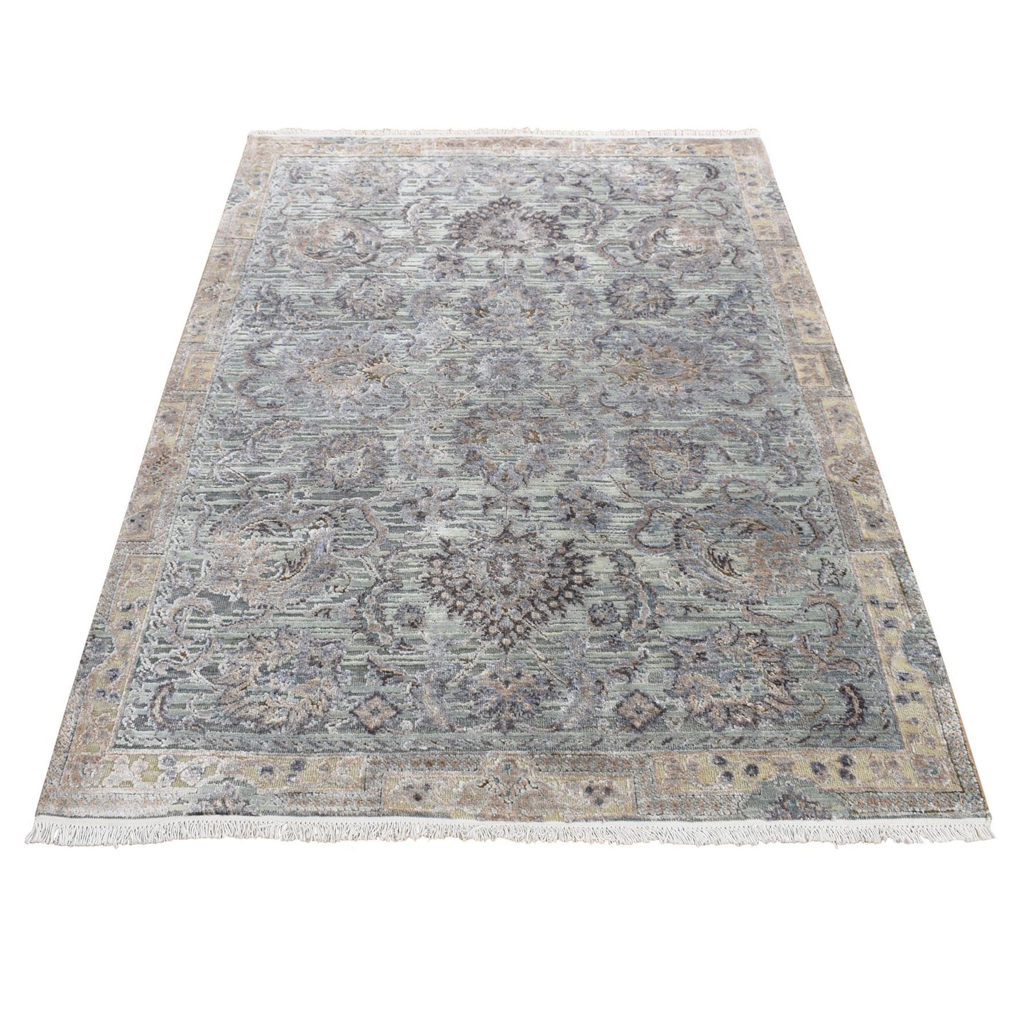 4'1"X6'2" Laurel Green Mughal Design Silk With Wool Hand Knotted Rug