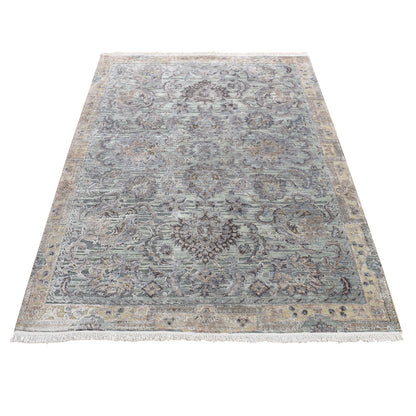 4'1"X6'2" Laurel Green Mughal Design Silk With Wool Hand Knotted Rug