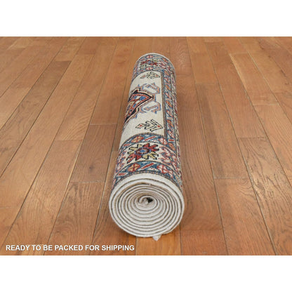 2'9"X8'3" Ivory Super Kazak Geometric Design Hand Knotted Wool Runner Rug