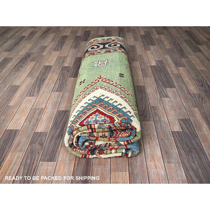 9'2"X11'7" Green Special Kazak Geometric Design Hand Knotted Pure Wool Rug