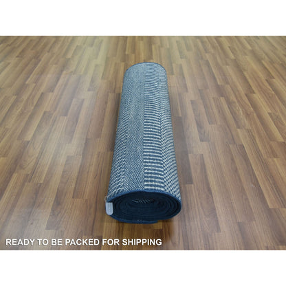 2'9"X11'4" Blue Modern Grass Design Wool And Silk Hand Knotted Runner Rug