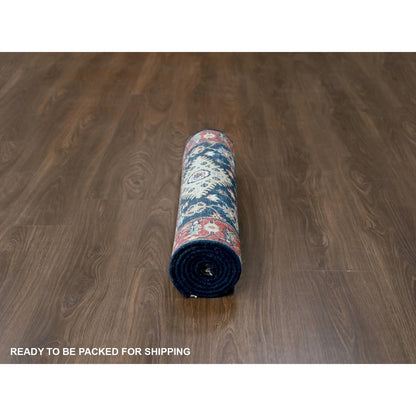 2'7"X6' Yale Blue Karjihooz Geometric Design Hand Knotted Wool Runner Rug