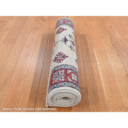 2'9"X8'7" Bone White Afghan Super Kazak Hand Knotted Pure Wool Runner Rug