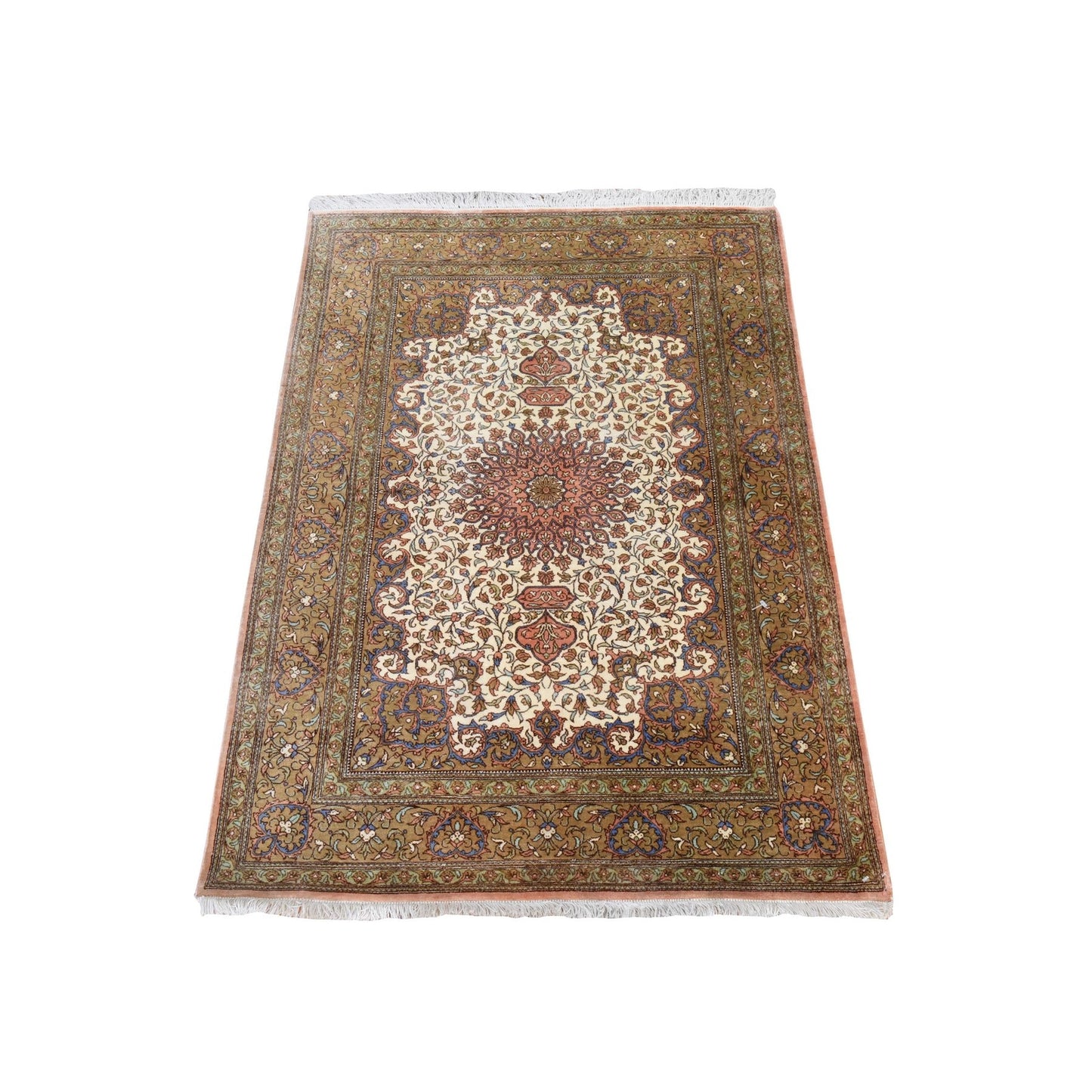 2'7"X3'10" Ivory Zoroastrian 400 Kpsi Silk Hand Knotted Mat Small Rug