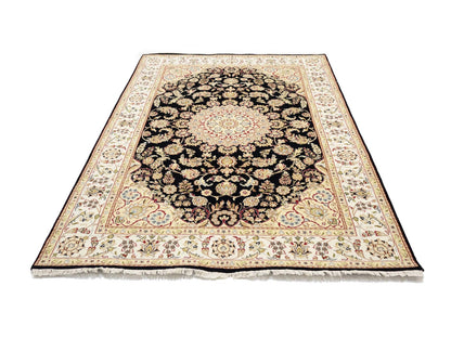 Handmade Black Indo-Nain Wool Rug 6x9 ft Floral Design Oriental Carpet