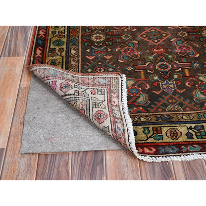 3'5"X10'4" Brown Semi Antique Hand Knotted Hamadan Wide Long Runner Rug