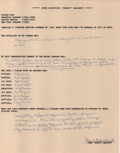 John "Buddy" Hassett Autographed Hand Filled Out Survey Page (Jsa)