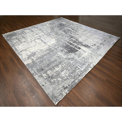 12'X12' Gray Abstract Design Wool And Silk Hand Knotted Square Rug