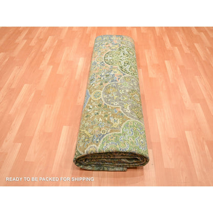 10'X14'3" Moss Green Repetitive Emblem Design Pure Wool Hand Knotted Rug