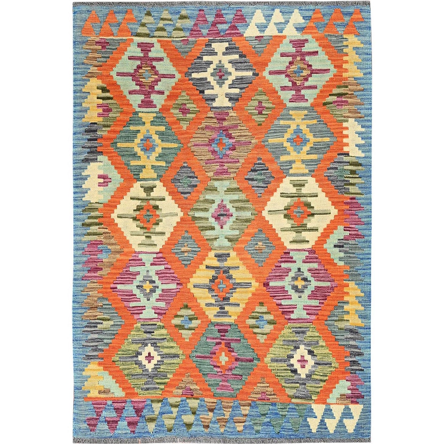 4'X5'9" Colorful Geometric Afghan Kilim All Wool Flat Weave Hand Woven Rug