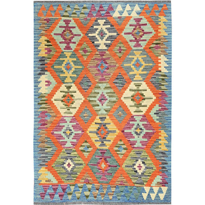 4'X5'9" Colorful Geometric Afghan Kilim All Wool Flat Weave Hand Woven Rug