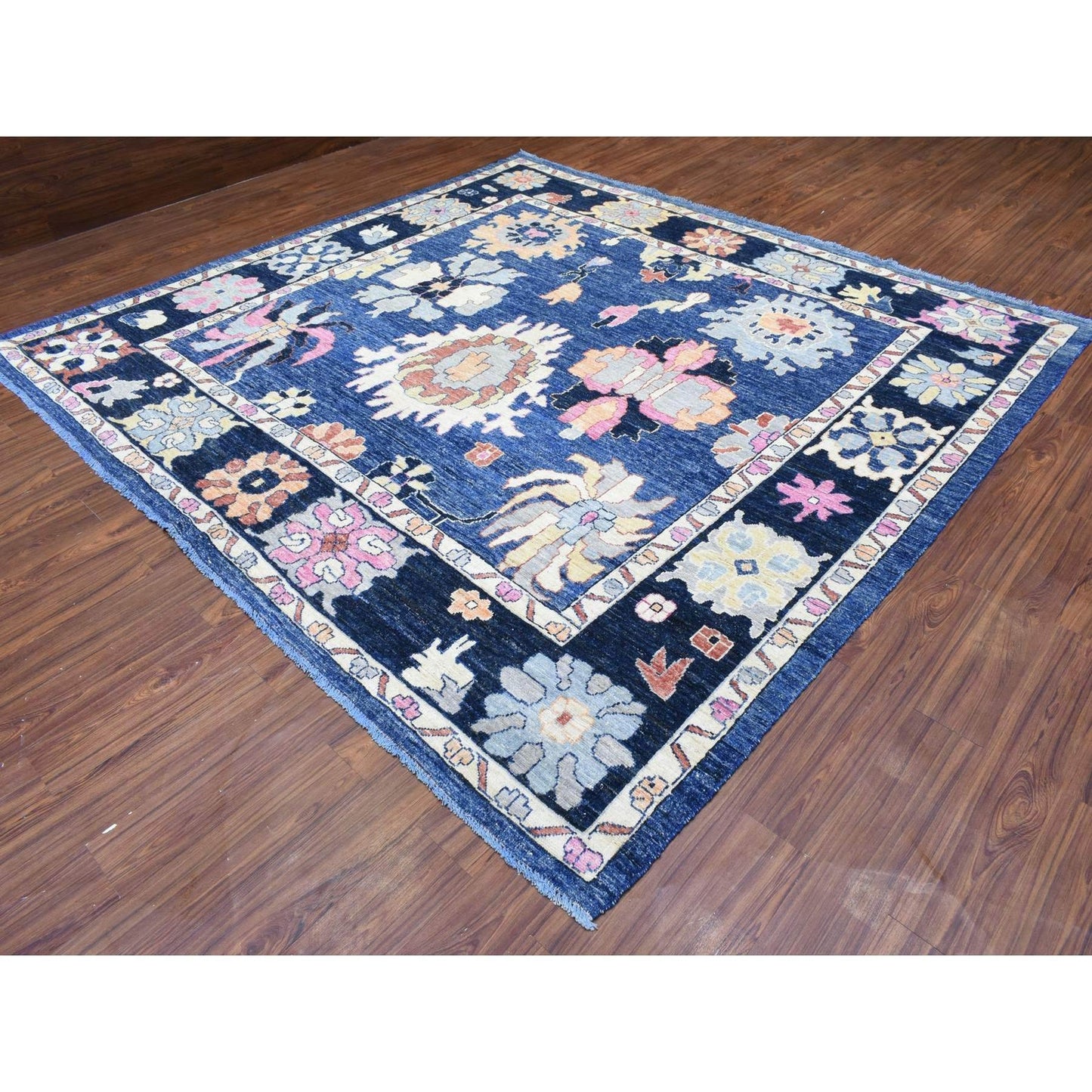10'3"X10'3" Blue Hand Knotted Afghan Angora Oushak Soft Wool Square Rug