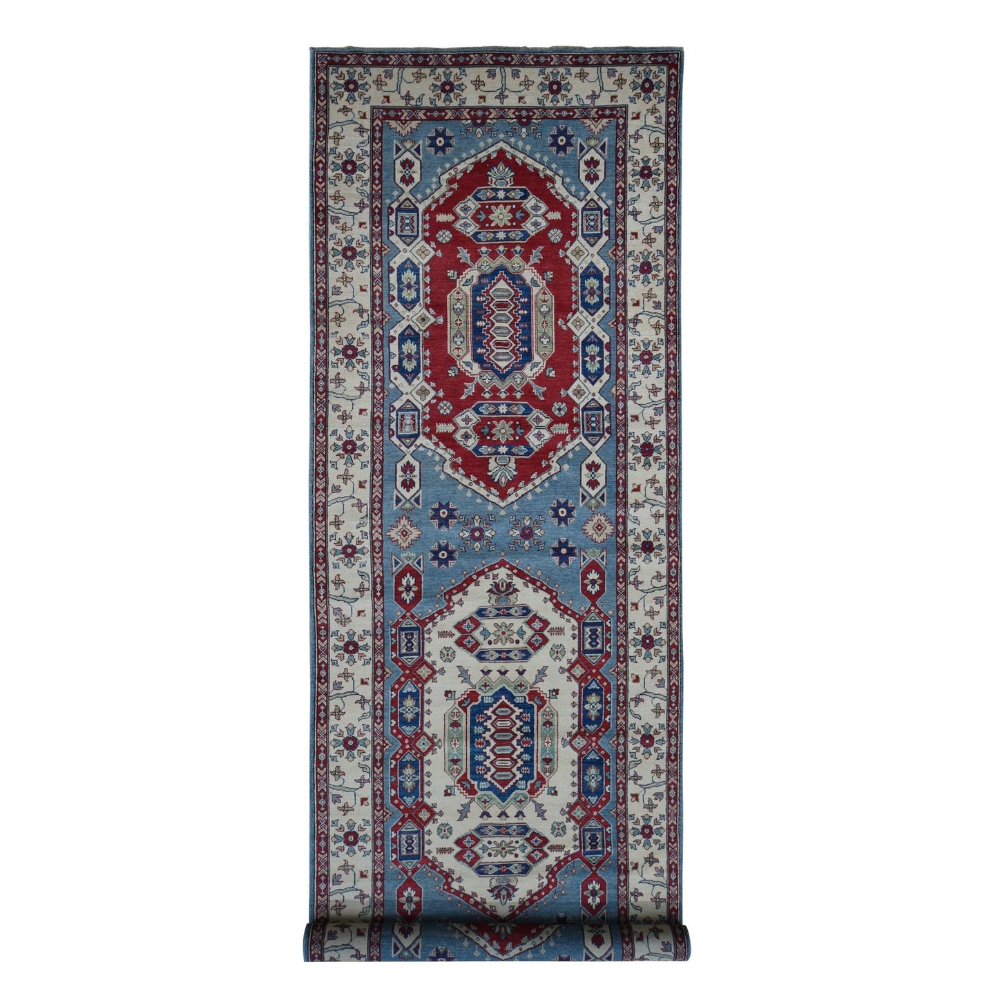 5'3"X19'9" Blue Hand Knotted Wool Kazak Extra Wide And Long Runner Rug