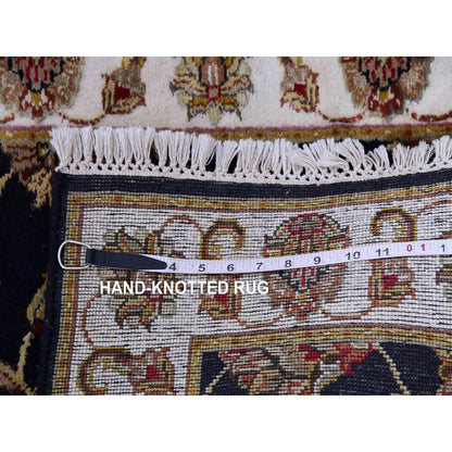2'6"X10' Tricorn Black Wool Silk Hand Knotted Rajasthan Design Runner Rug