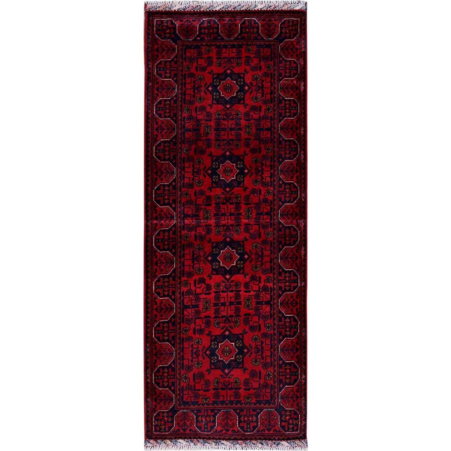 1'10"X4'10" Red Geometric Afghan Khamyab Soft Wool Hand Knotted Runner Rug