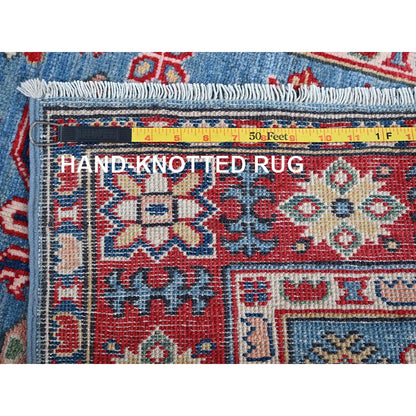 2'9"X9'6" Blue Kazak With Tribal Design Hand Knotted Soft Wool Runner Rug