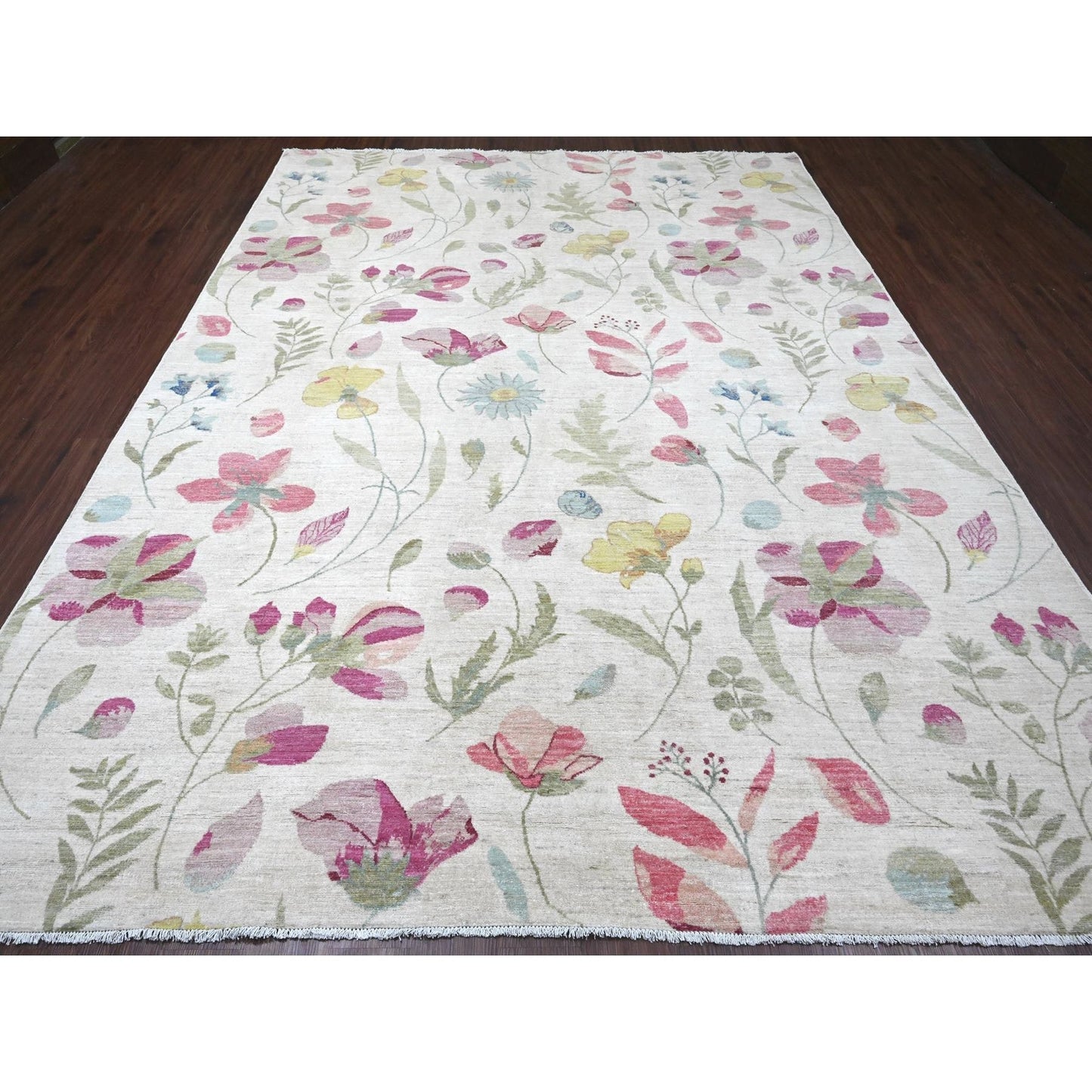 9'X11'9" White Colorful Botanical Garden Design All Wool Hand Knotted Rug
