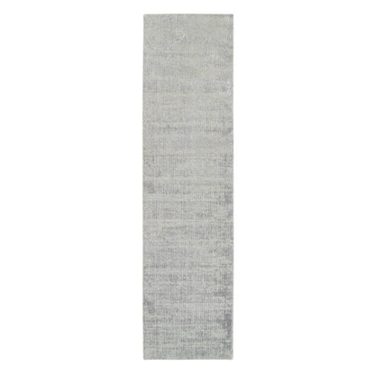 2'7"X10' Fine Jacquard Gray Hand Loomed Modern Wool And Silk Runner Rug