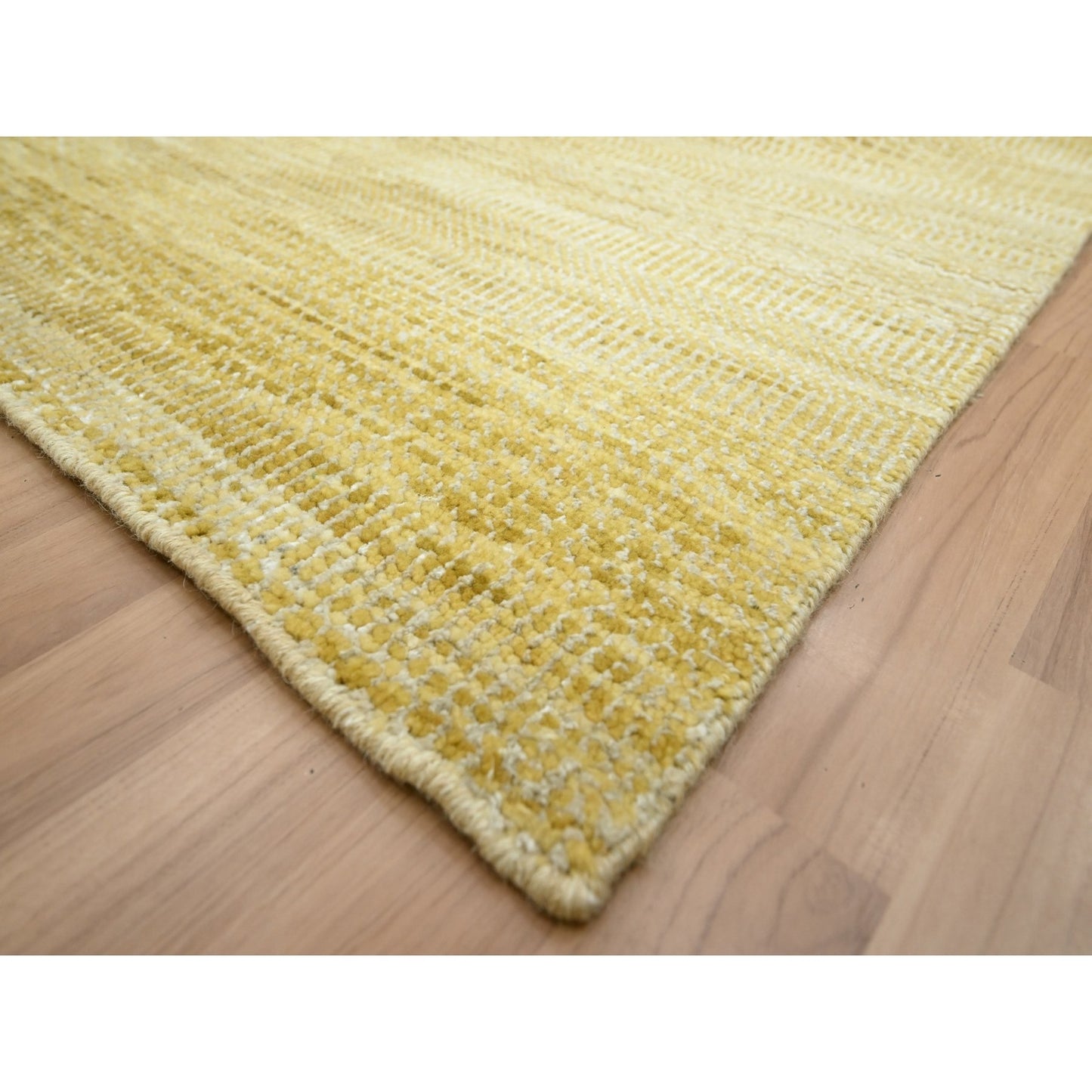 10'X14' Honey Brown Modern Grass Design Hand Knotted Wool And Silk Rug