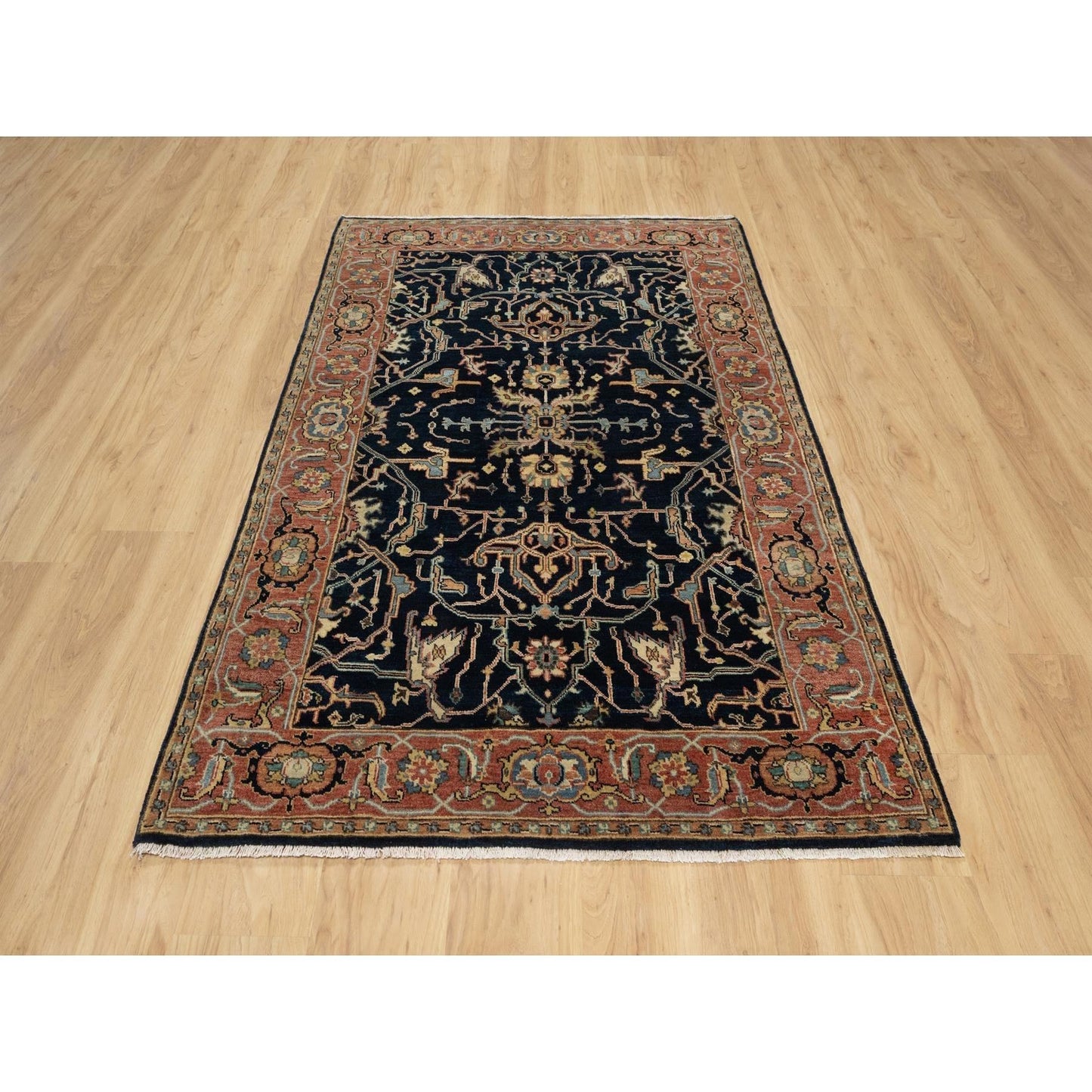 4'2"X6'3" Oxford Blue Heris Re-Creation Hand Knotted Wool Oriental Rug