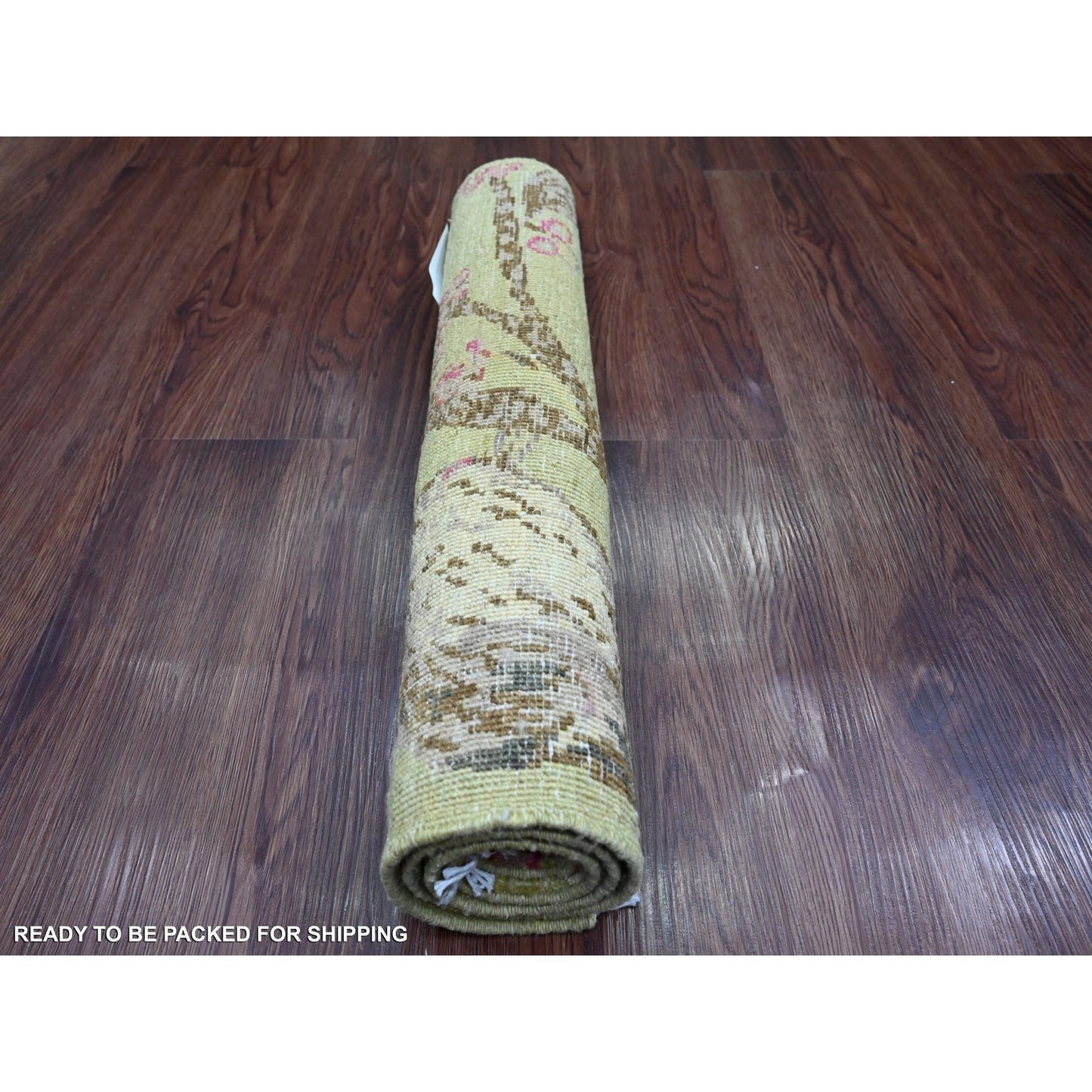 1'10"X3' Green Sparrows On The Tree Pure Wool Hand Knotted Sample Rug